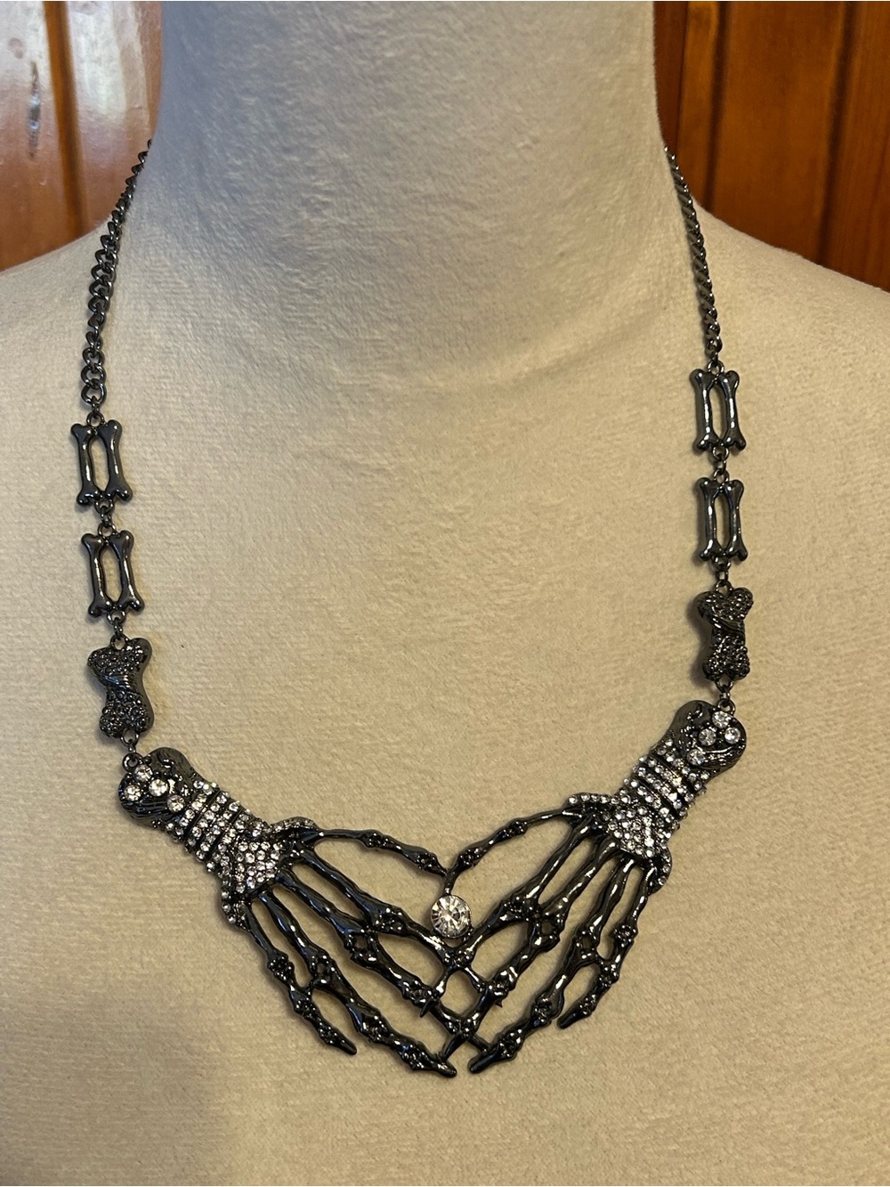 DKNY Gunmetal Crystal Skeleton Hands Necklace - Black
